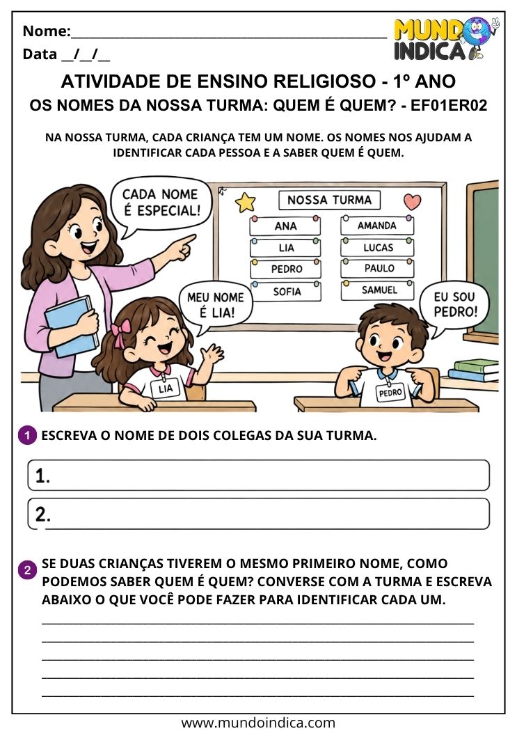 Atividade de Ensino Religioso 1º ano sobre os nomes dos colegas da turma e identificação das pessoas