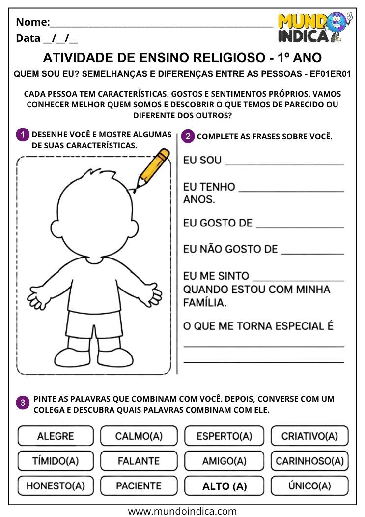 Atividade Quem Sou Eu com características, gostos e jeito de ser