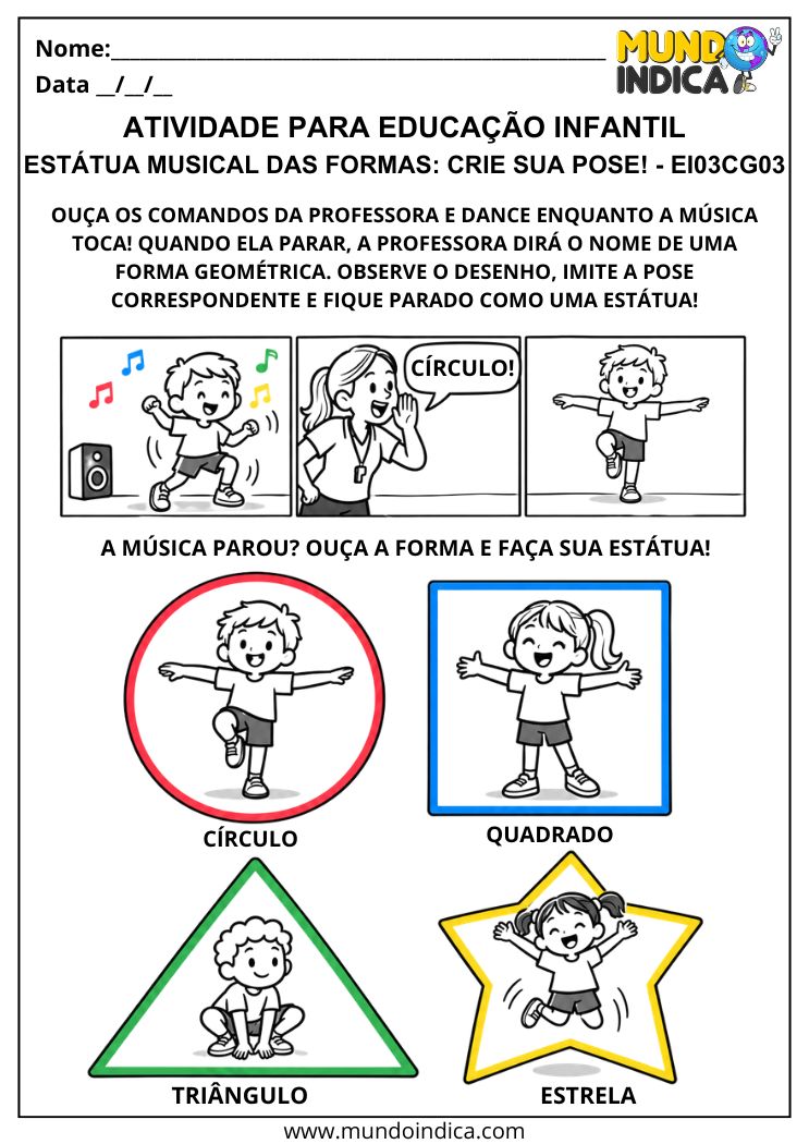 Atividade de estátua musical com círculo, quadrado, triângulo e estrela, mostrando diferentes poses corporais