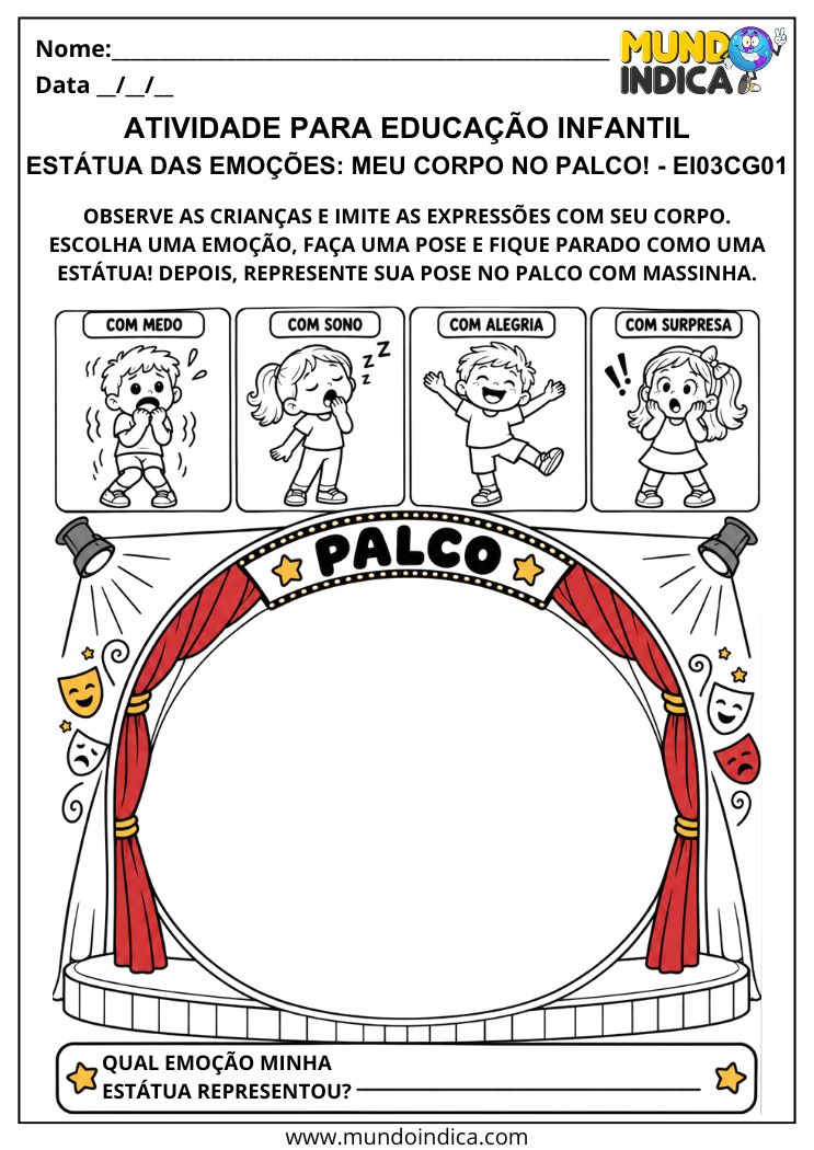 Atividade de estátua das emoções com quatro poses ilustradas e palco para representar uma expressão corporal