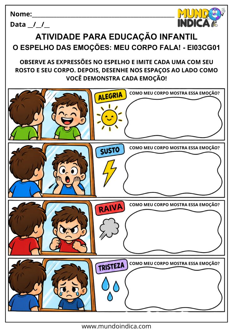 Atividade de expressão corporal com espelho das emoções, mostrando alegria, susto, raiva e tristeza, com espaços para desenhar