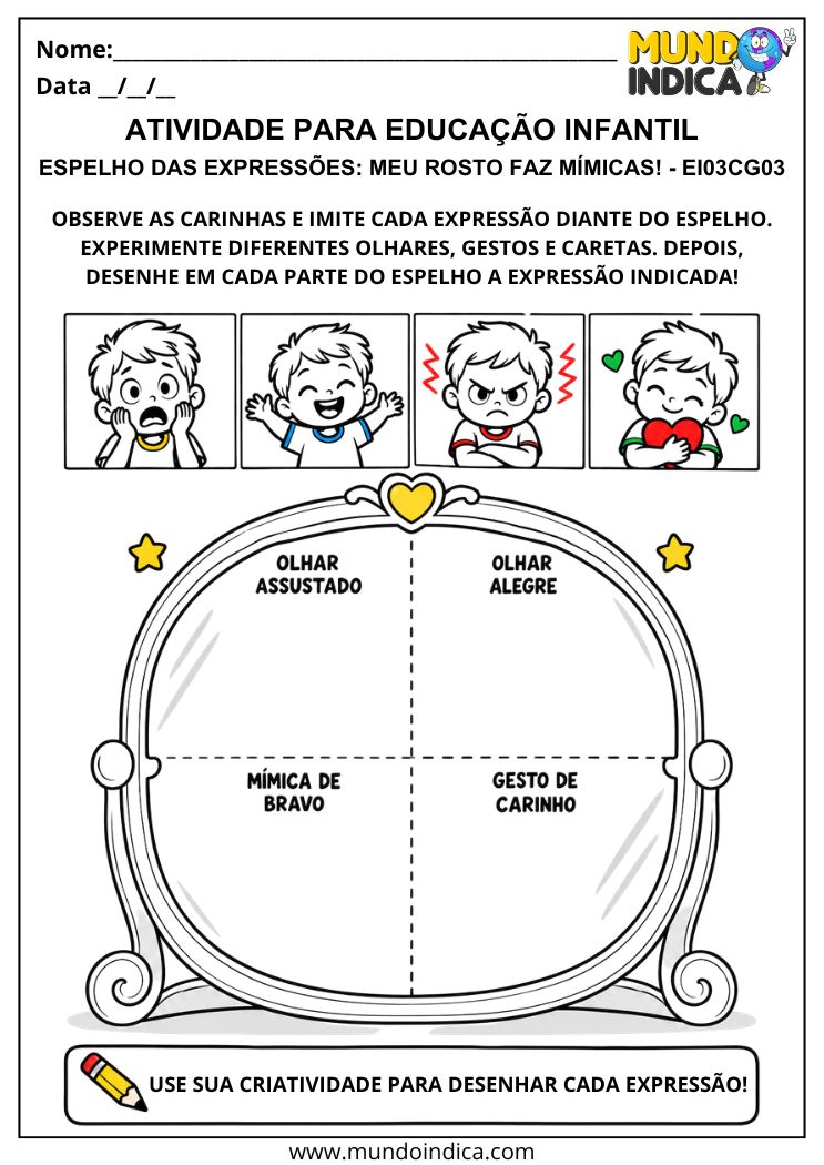 Atividade de expressões faciais com espelho dividido em quatro espaços para desenhar olhares, mímicas e gestos
