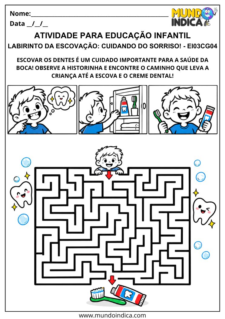 Atividade de higiene bucal na Educação Infantil com labirinto para encontrar a escova de dentes e o creme dental