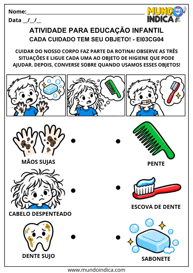 Atividade de higiene pessoal para ligar mãos sujas, cabelo despenteado e dente sujo aos objetos de cuidado correspondentes