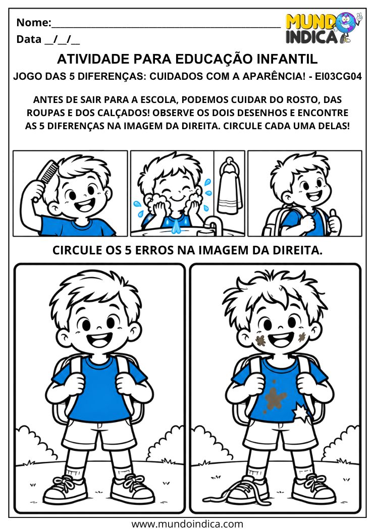 Jogo das cinco diferenças com duas imagens de uma criança com mochila para observar cuidados com rosto, roupas e calçados