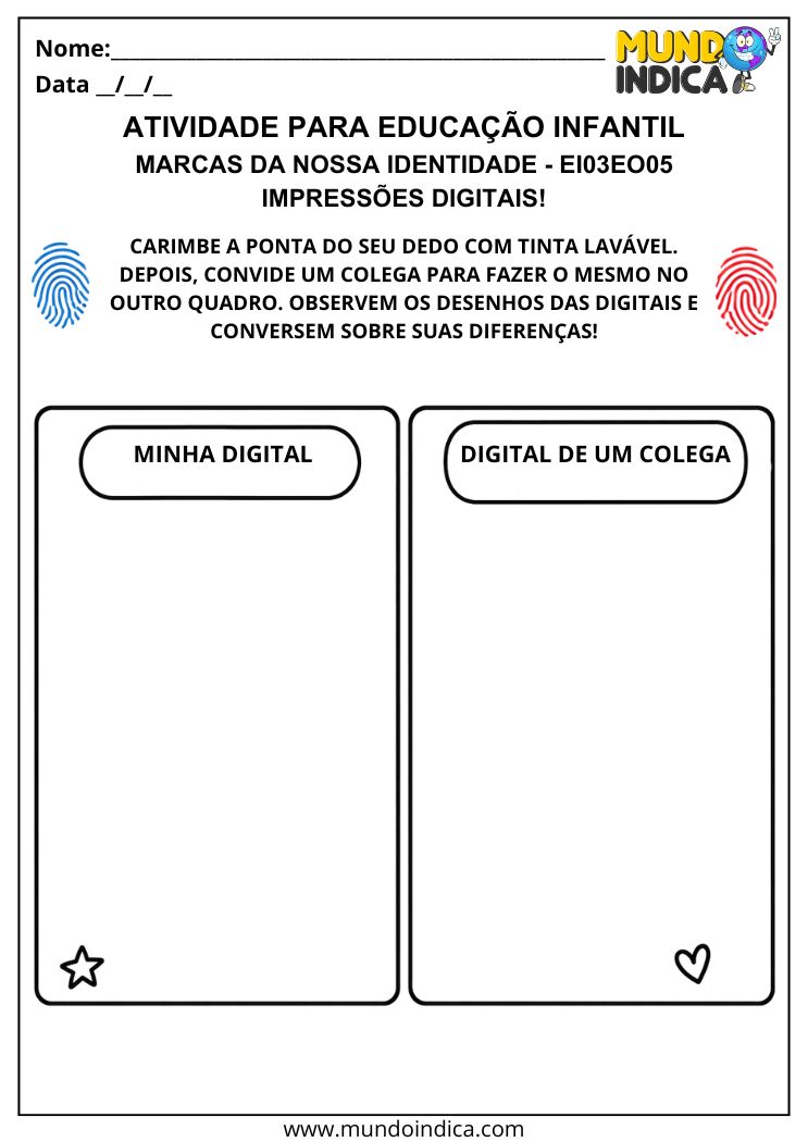 Atividade de identidade com dois espaços para carimbar impressões digitais e observar semelhanças e diferenças