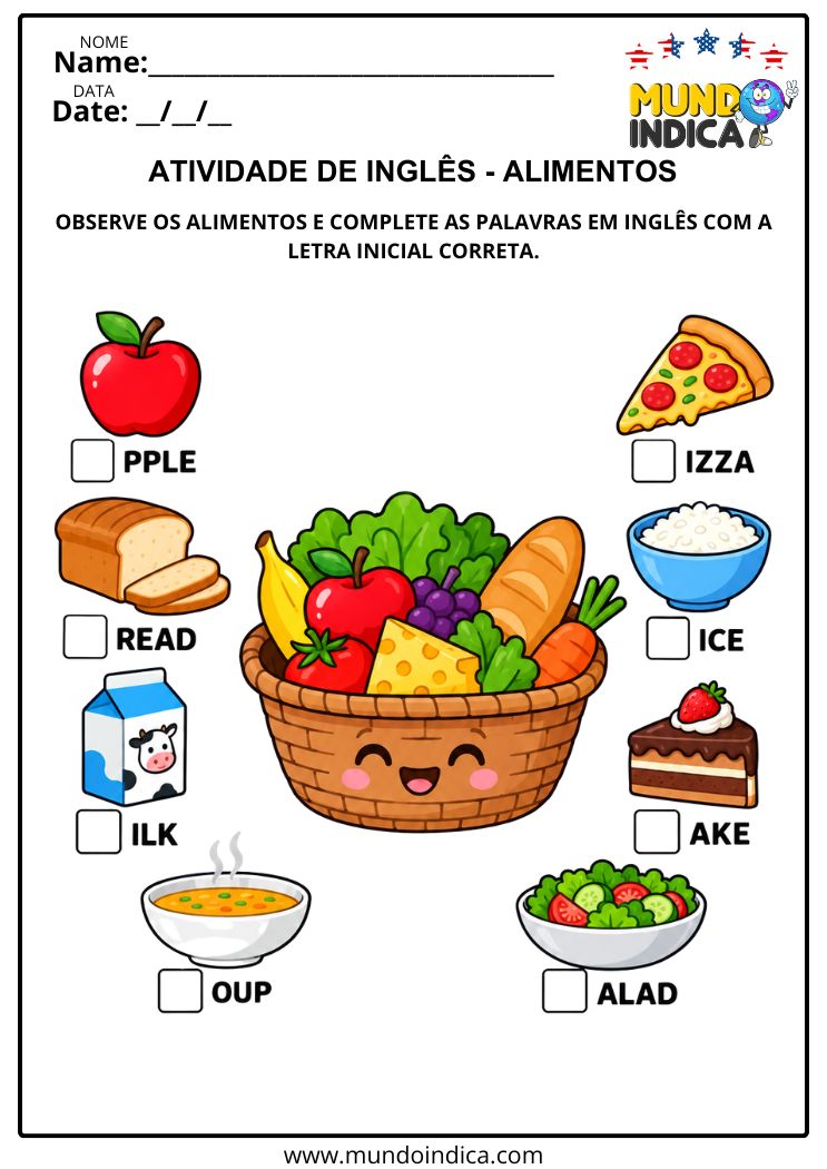 Atividade de Inglês com Alimentos para Completar Palavras