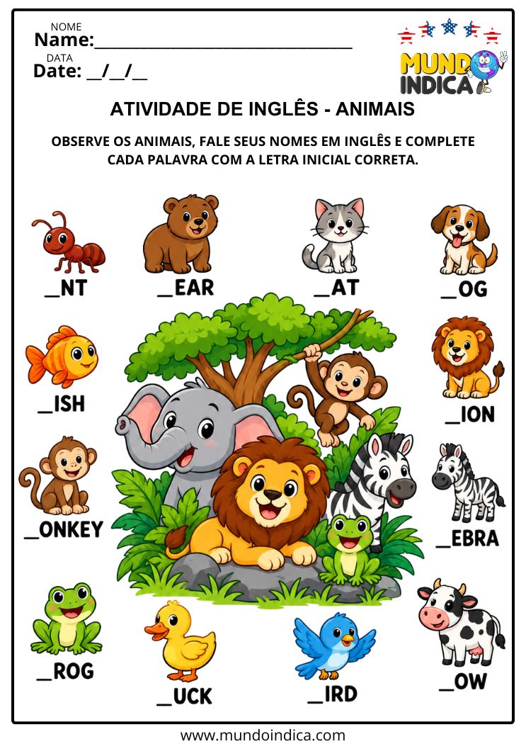 Atividade de Inglês com Animais para Completar Palavras