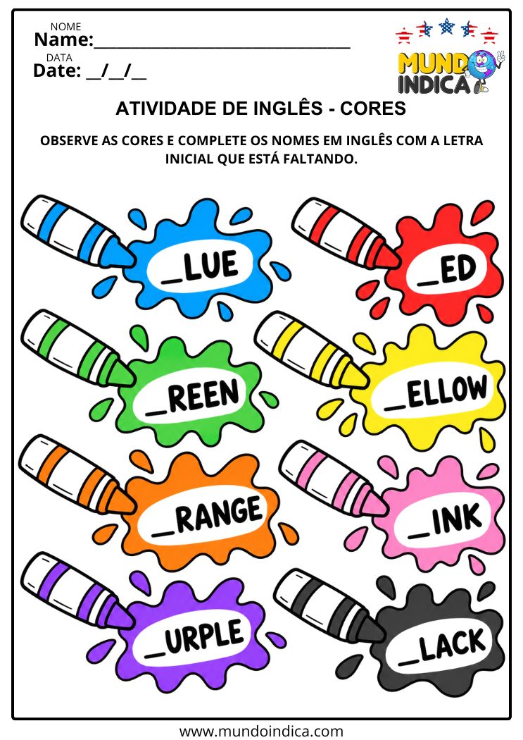 Atividade de Inglês com Cores para Completar Palavras