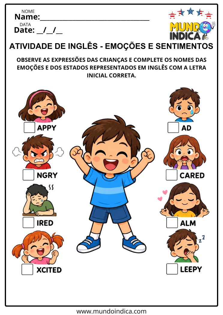 Atividade de Inglês com Emoções e Sentimentos para Completar Palavras