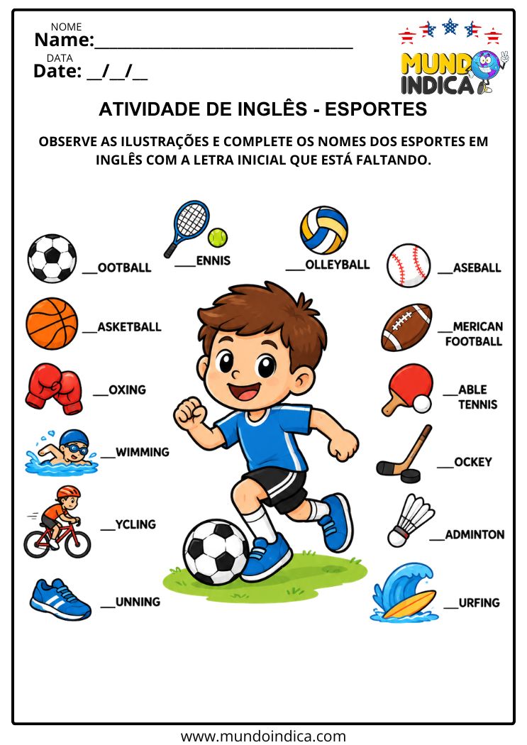 Atividade de Inglês com Esportes para Completar Palavras