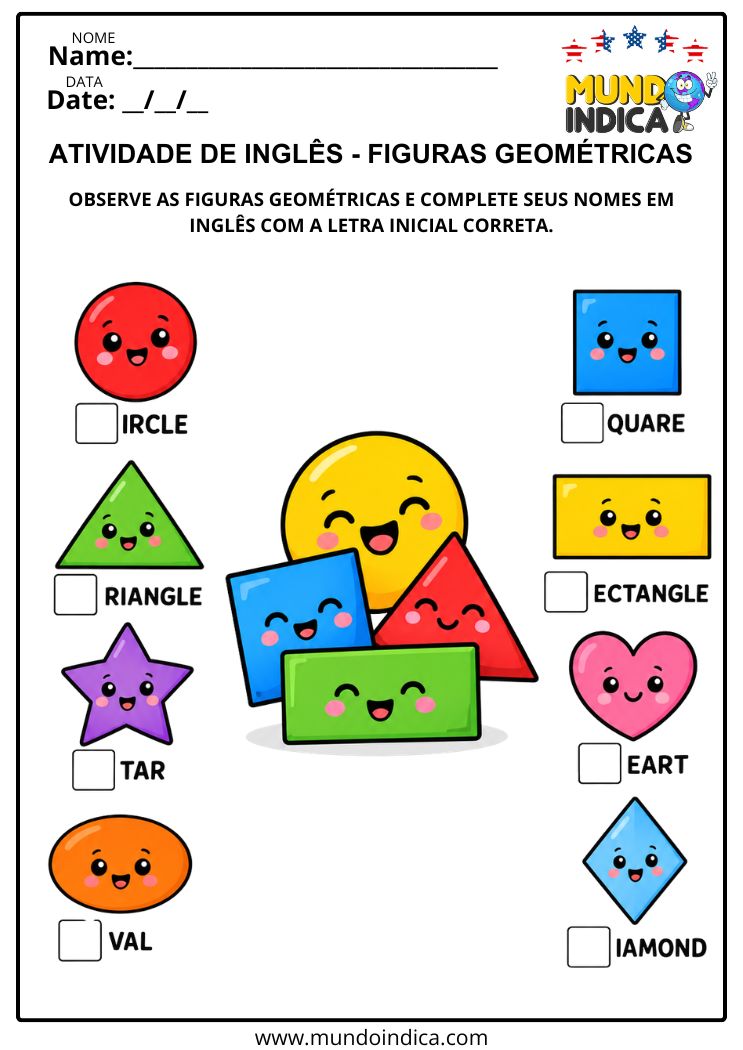 Atividade de Inglês com Figuras Geométricas para Completar Palavras