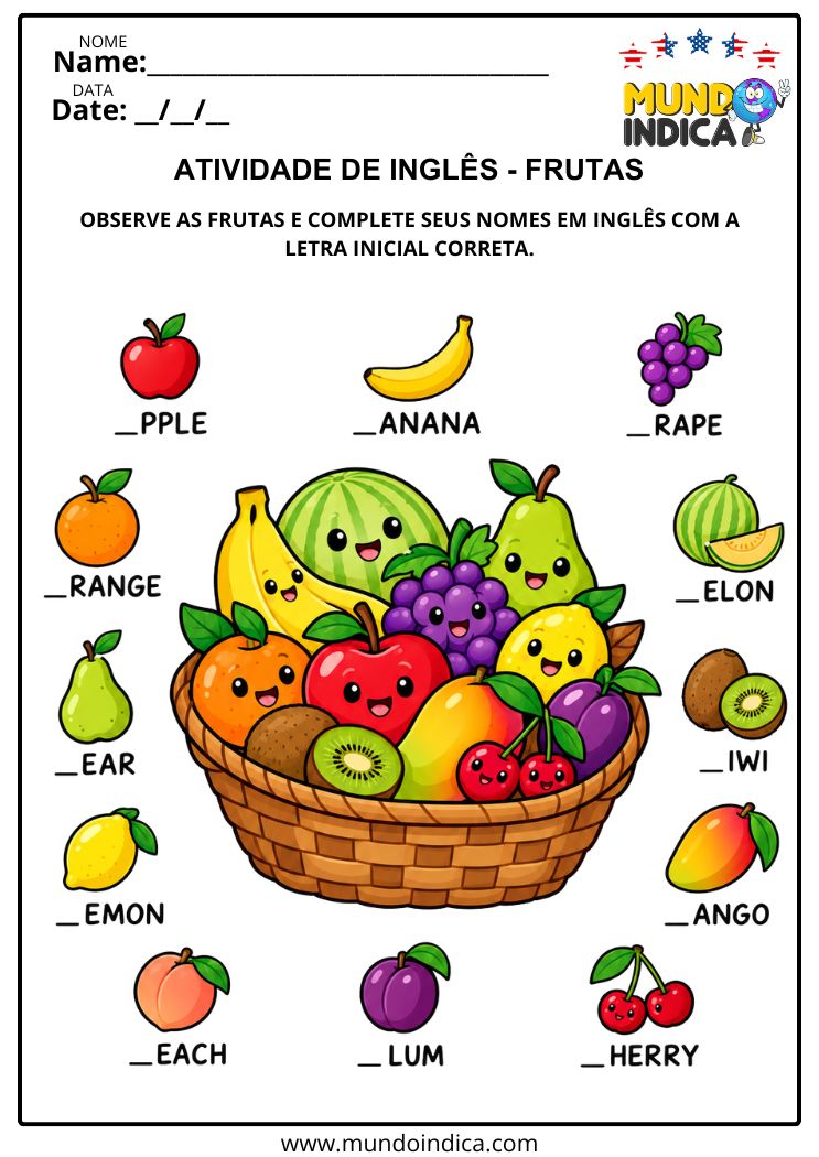 Atividade de Inglês com Frutas para Completar Palavras