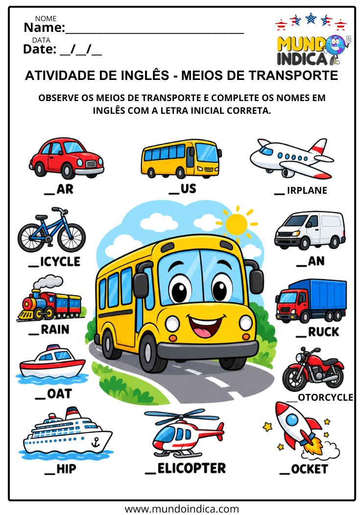 Atividade de Inglês com Meios de Transporte para Completar Palavras