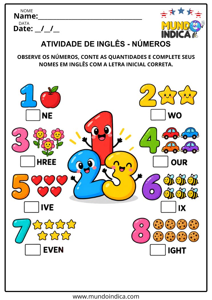 Atividade de Inglês com Números para Completar Palavras