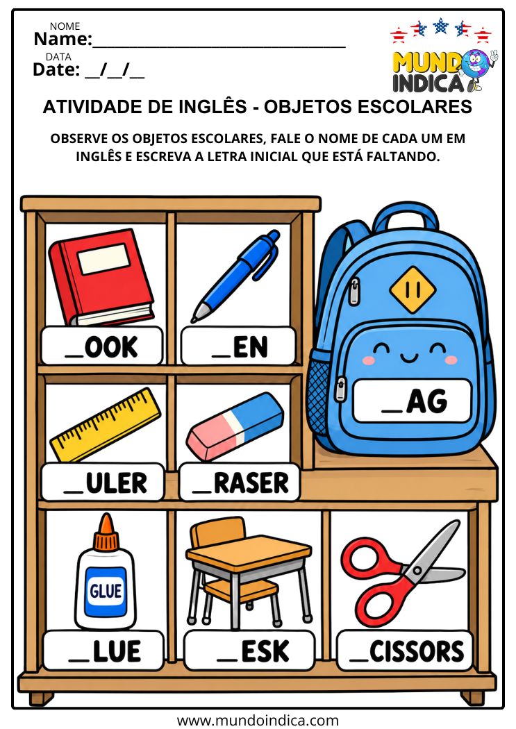 Atividade de Inglês com Objetos Escolares para Completar Palavras