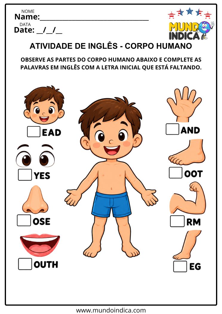 Atividade de Inglês com Partes do Corpo para Completar Palavras