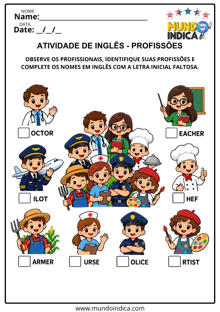 Atividade de Inglês com Profissões para Completar Palavras