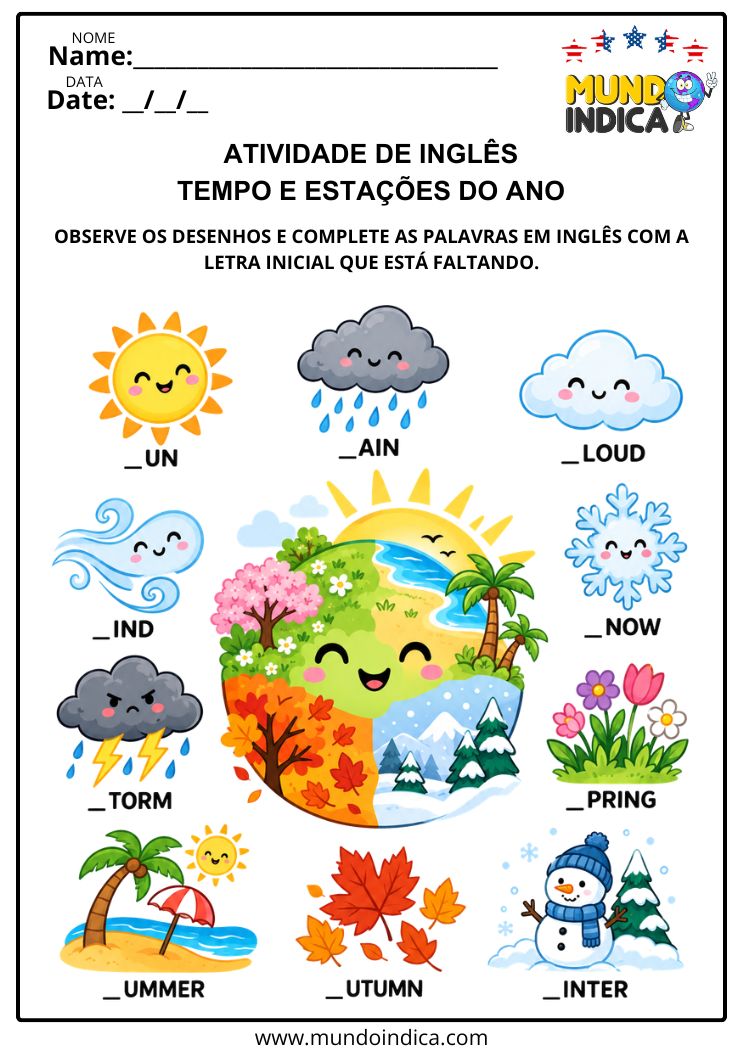 Atividade de Inglês com Tempo e Estações do Ano para Completar Palavras