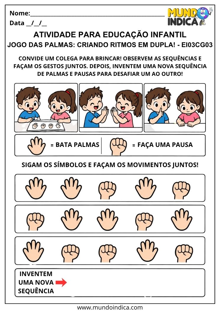 Atividade de jogo das palmas sincronizadas com sequências de mãos abertas e fechadas para realizar ritmos em dupla