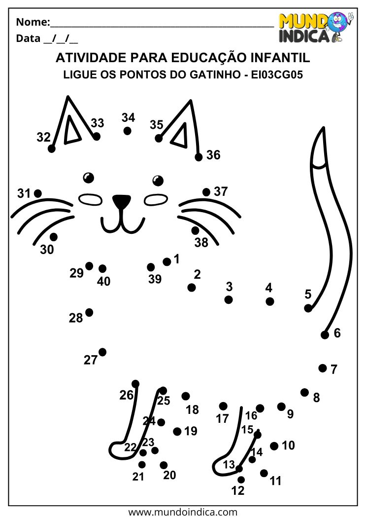 Atividade de Ligar os Pontos do Gatinho com Números EI03CG05