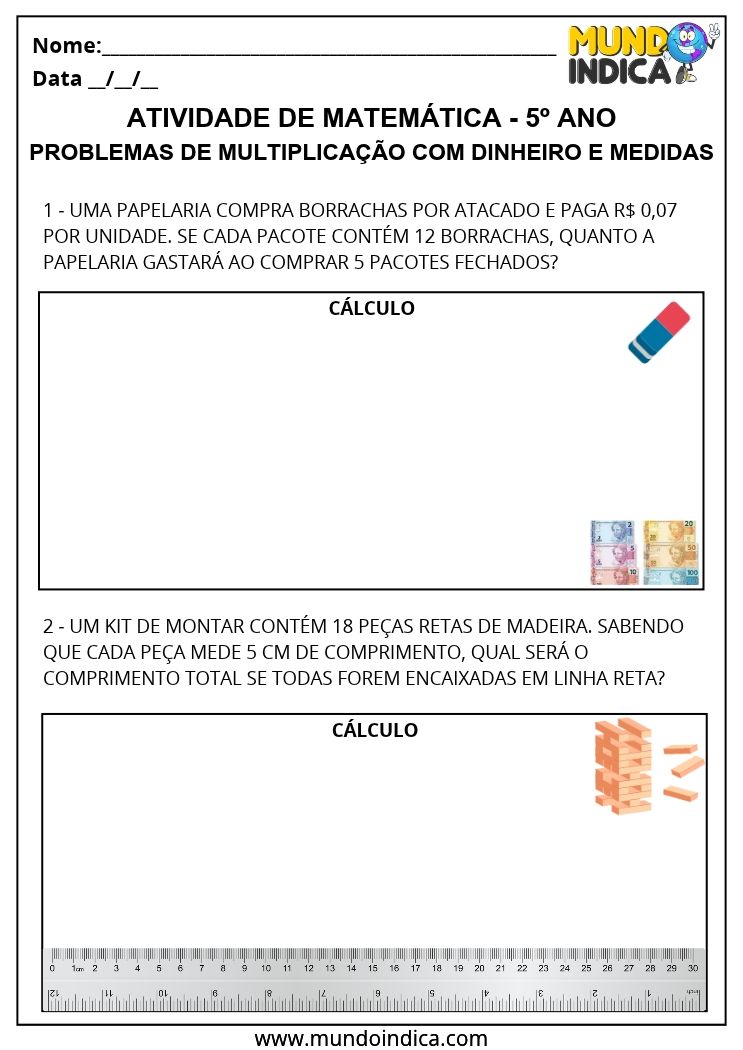 Atividade de Matemática 5º Ano com Multiplicação de Dinheiro e Comprimento EF05MA08