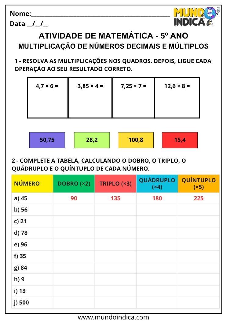 Atividade de Matemática 5º Ano com Multiplicação de Números Decimais e Cálculo de Múltiplos EF05MA08