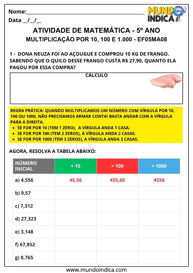 Atividade de Matemática 5º Ano com Multiplicação de Números Decimais por 10 100 e 1000 EF05MA08