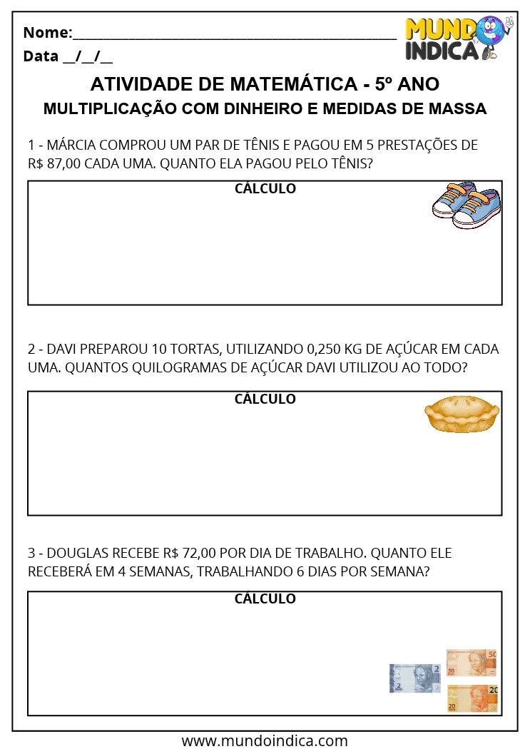 Atividade de Matemática 5º Ano com Multiplicação de Valores Monetários e Medidas de Massa EF05MA08