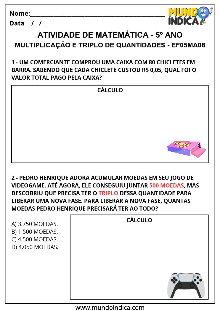 Atividade de Matemática 5º Ano com Multiplicação e Triplo de Quantidades EF05MA08