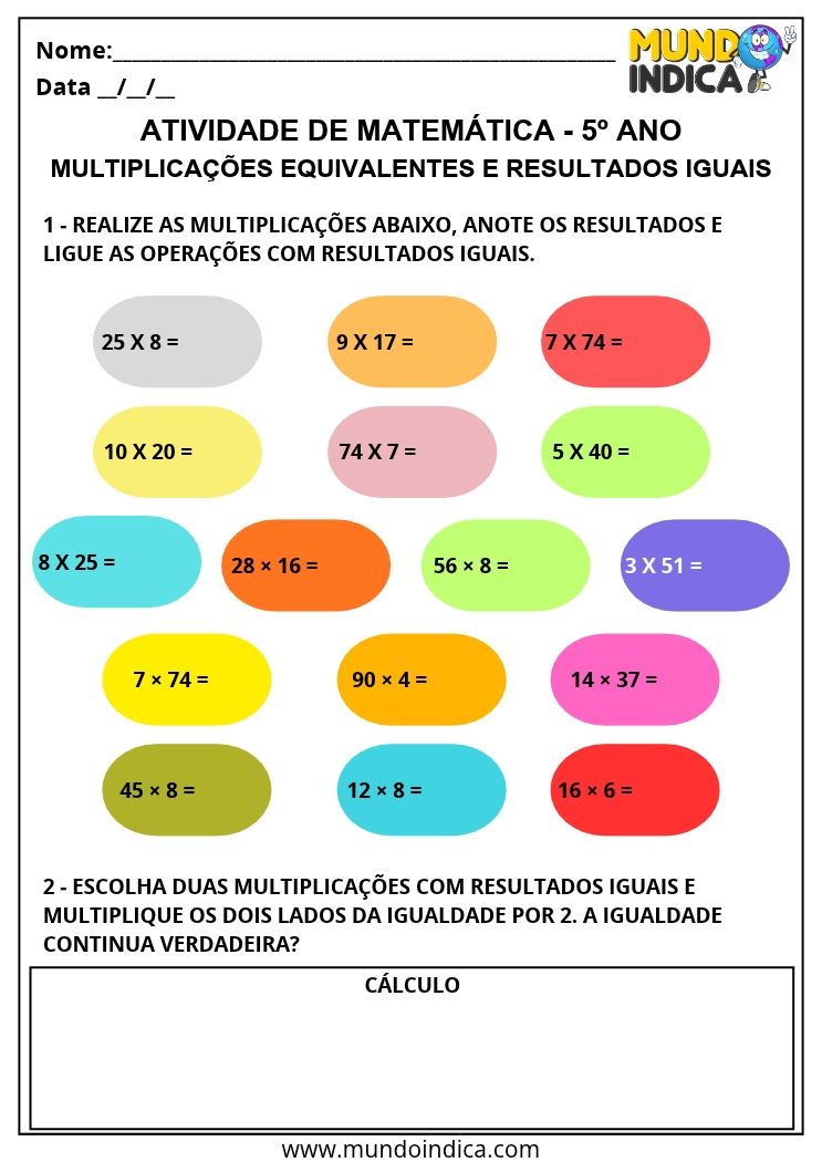 Atividade de Matemática 5º Ano com Multiplicações Equivalentes e Resultados Iguais EF05MA08