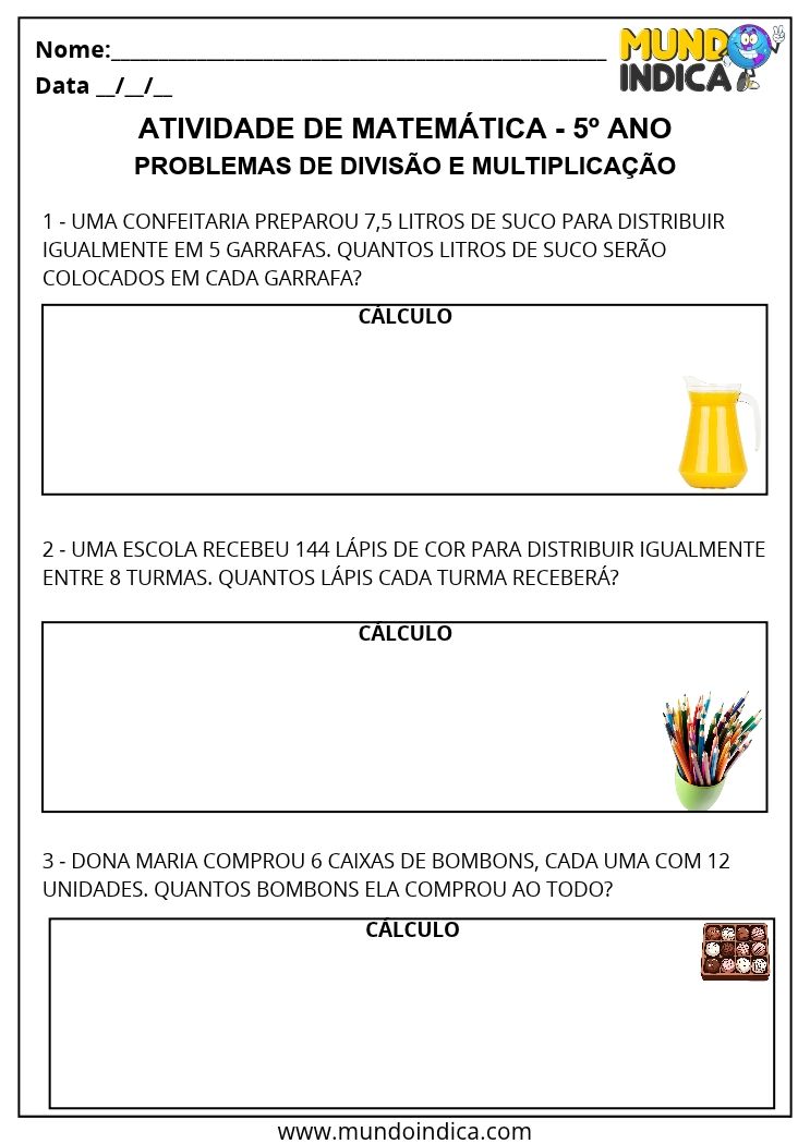 Atividade de Matemática 5º Ano com Problemas de Divisão e Multiplicação de Quantidades EF05MA08