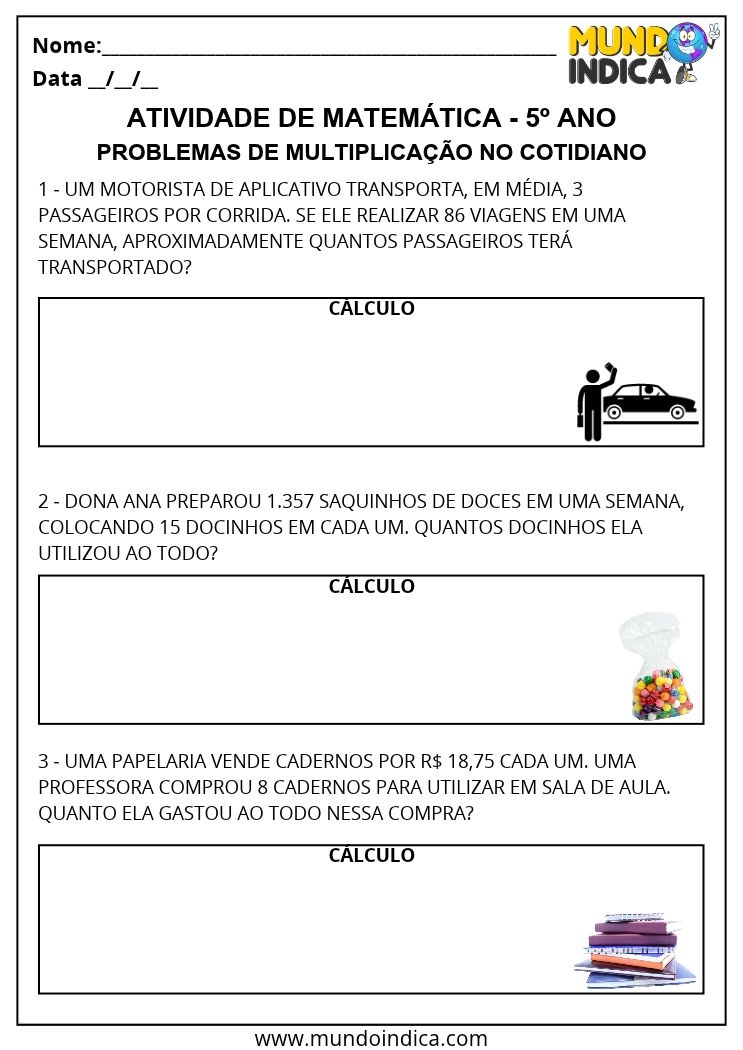Atividade de Matemática 5º Ano com Problemas de Multiplicação de Quantidades e Dinheiro EF05MA08