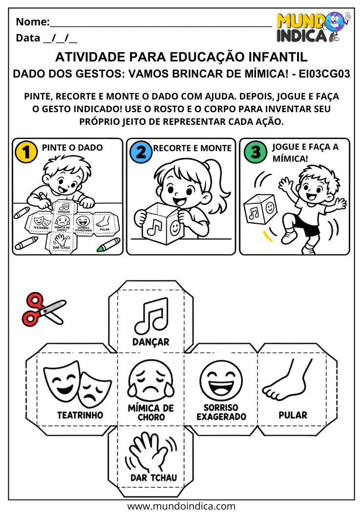 Atividade de mímica com dado dos movimentos para pintar, recortar e montar, incluindo dança, teatro e expressões