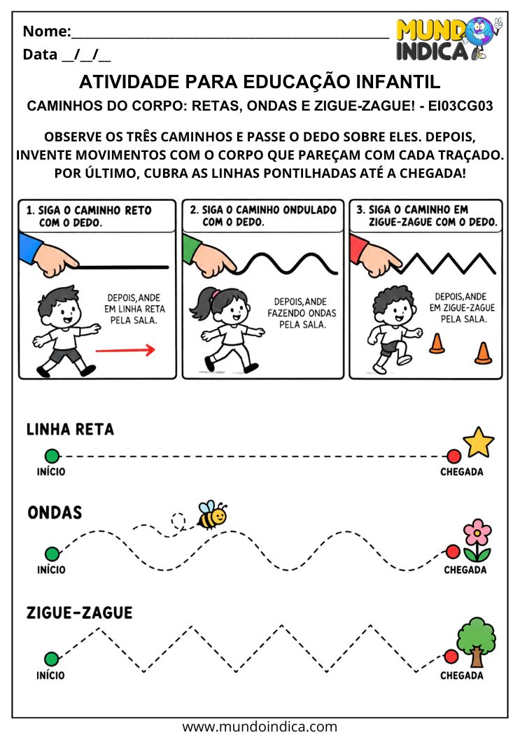 Atividade de movimentos corporais com caminhos pontilhados em linha reta, ondas e zigue-zague para percorrer e criar gestos