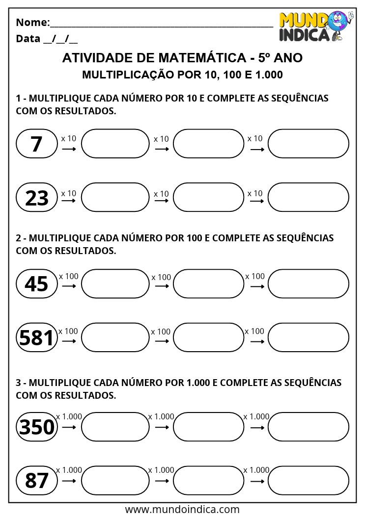 Atividade de Multiplicação por 10, 100 e 1.000 para Imprimir