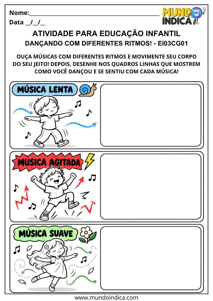 Atividade de música e movimento com crianças dançando ritmos lentos, agitados e suaves e espaços para desenhar traços