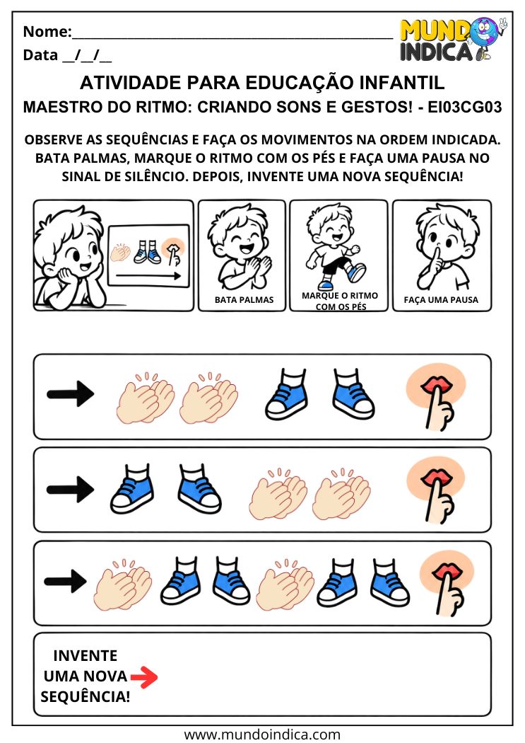 Atividade Maestro do Ritmo com sequências ilustradas de palmas, movimentos dos pés e pausas para realizar