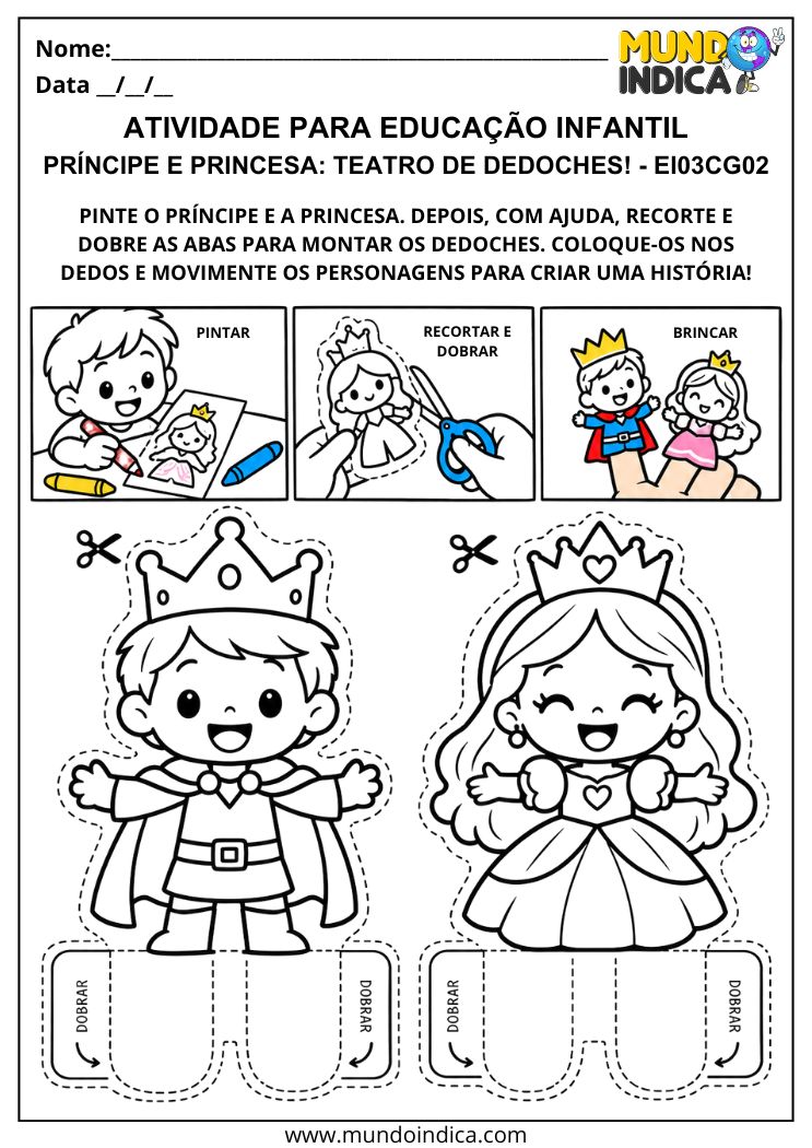 Atividade de teatro de dedoches com príncipe e princesa grandes para pintar, recortar, dobrar e brincar