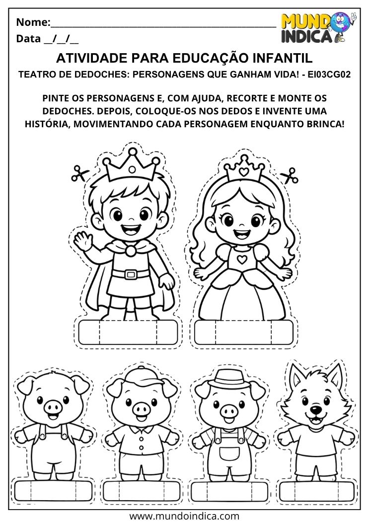 Atividade de teatro de dedoches com príncipe, princesa, três porquinhos e lobo para pintar, recortar e montar