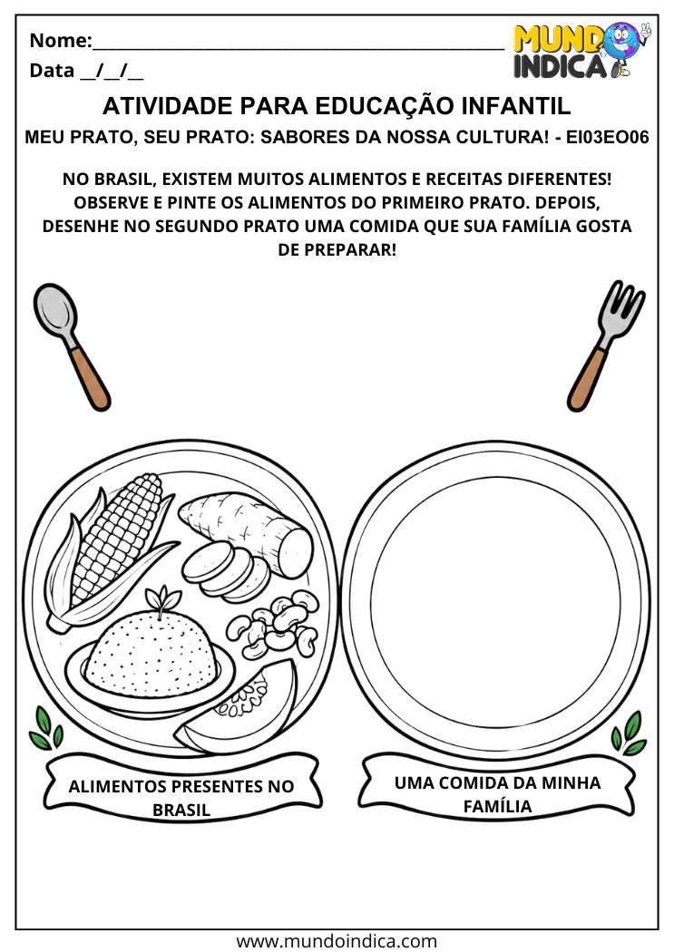 Atividade sobre alimentação e diversidade cultural com pratos para pintar alimentos e desenhar uma comida da família