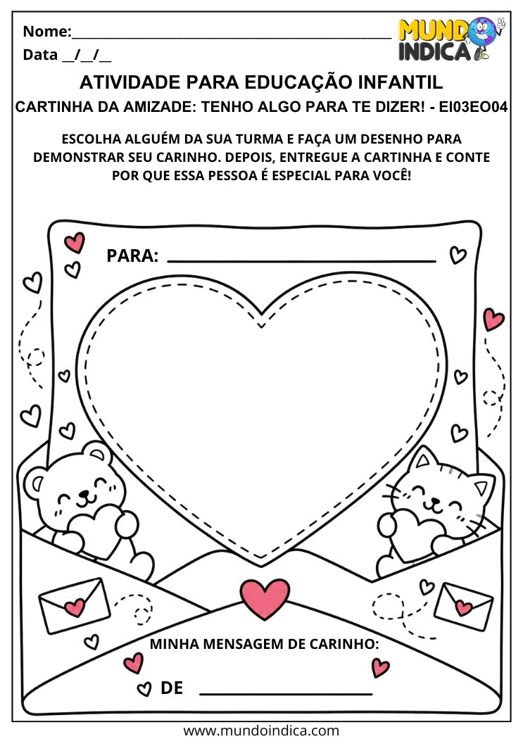 Atividade Carta de Carinho com desenho em formato de coração para expressar sentimentos a um colega