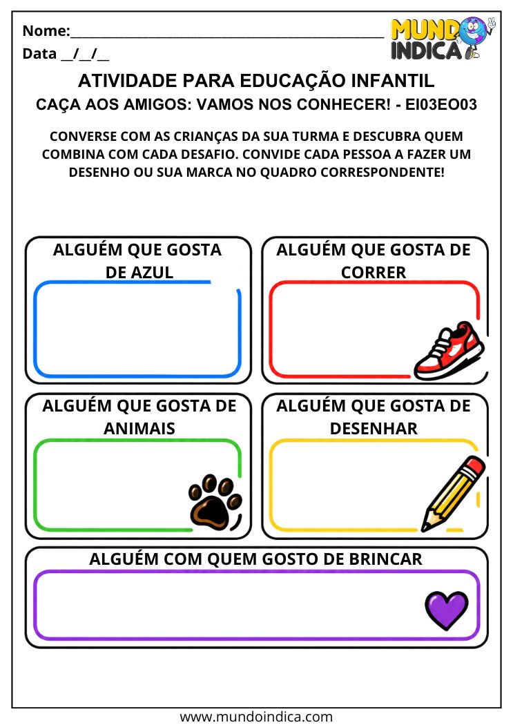 Atividade sobre Amizade na Educação Infantil para Conhecer os Colegas – EI03EO03