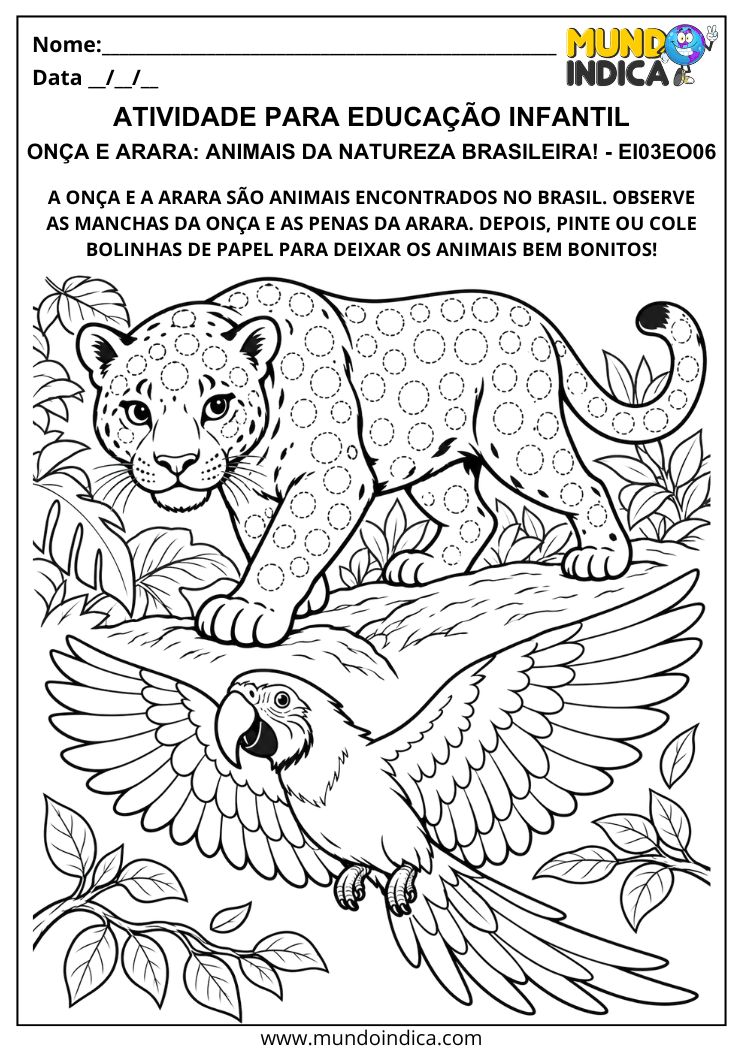 Atividade com desenhos de onça e arara para pintura ou colagem de bolinhas de papel nas manchas e penas
