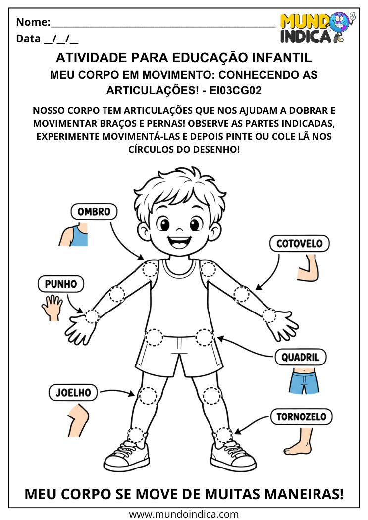 Atividade sobre articulações do corpo com desenho de criança e círculos para pintar ou colar lã nos ombros, cotovelos, punhos, quadris, joelhos e tornozelos