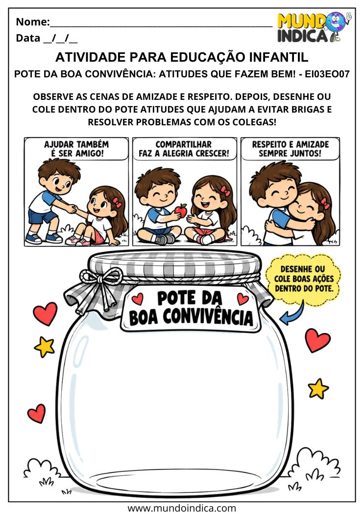 Atividade sobre boa convivência com pote da amizade para desenhar ou colar atitudes respeitosas