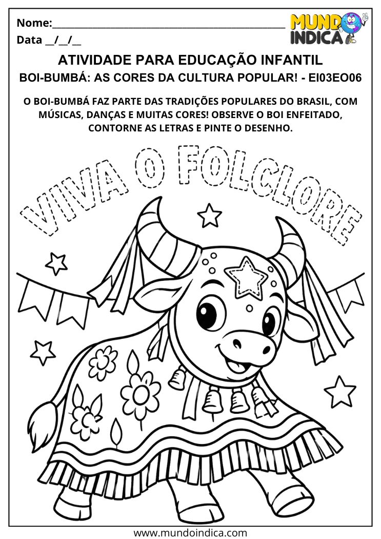 Atividade Boi-Bumbá para colorir um boi festivo e contornar as letras da frase Viva o Folclore