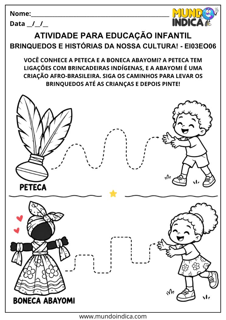 Atividade sobre brinquedos culturais com peteca e boneca Abayomi para seguir caminhos pontilhados e pintar