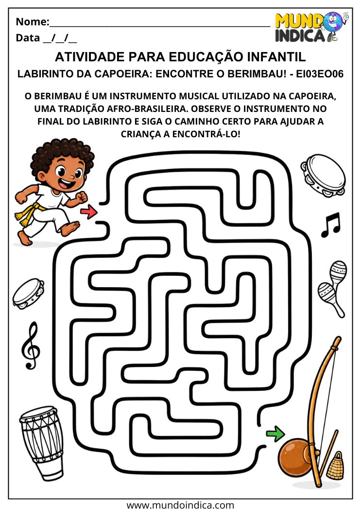 Atividade sobre capoeira e cultura afro-brasileira com labirinto para levar a criança até o berimbau