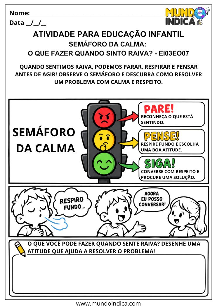 Atividade sobre controle da raiva com semáforo da calma e espaço para desenhar uma atitude respeitosa